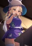  1girl absurdres arm_up blonde_hair blush breasts brown_headwear clothed_masturbation covering_mouth crotch_rub darumoon female_masturbation hand_to_own_mouth hat highres long_hair masturbation masturbation_through_clothes miniskirt moriya_suwako panties purple_skirt purple_vest pussy_juice pyonta shirt skirt solo table table_sex thighs touhou underwear vest white_panties white_shirt wide_sleeves yellow_eyes 