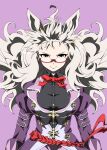  1girl ahoge animal_ears biwa_hayahide_(pf._winning_equation...)_(umamusume) biwa_hayahide_(umamusume) black_shirt bow breasts closed_mouth glasses grey_hair highres horse_ears horse_girl jacket large_breasts long_hair long_sleeves looking_at_viewer purple_background purple_jacket red-framed_eyewear red_bow semi-rimless_eyewear shirt solo umamusume under-rim_eyewear white_hair yellow_eyes zukki_(bijitaru) 