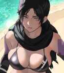  1girl alternate_costume apex_legends beach black_hair breasts cleavage grey_eyes highres large_breasts lips meriko scarf sweat swimsuit upper_body wraith_(apex_legends) 