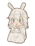  1girl :d animal_ears bangs blue_eyes blush_stickers character_request chibi dress final_fantasy final_fantasy_xiv highres hood hood_down long_hair rabbit_ears saikou-iro_aurora simple_background smile solo triangle_mouth white_background white_dress white_hair white_hood 