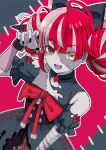  1girl absurdres ahoge black_choker black_dress black_nails choker colored_skin commentary_request cross-shaped_pupils diamond-shaped_pupils diamond_(shape) double_bun dress gradient_eyes green_eyes grey_skin hair_bun heterochromia highres hololive hololive_indonesia hosinonana kureiji_ollie kureiji_ollie_(1st_costume) looking_at_viewer medium_hair multicolored_eyes multicolored_hair nail_polish open_mouth patchwork_skin pink_streaks red_eyes red_hair smile solo streaked_hair symbol-shaped_pupils teeth torn_clothes torn_dress upper_teeth_only virtual_youtuber yellow_eyes zombie 