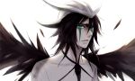  1boy arrancar black_hair black_wings bleach colored_skin expressionless facial_mark fake_horns feathered_wings green_eyes helmet horned_helmet horns koaki male_focus portrait resurreccion short_hair solo ulquiorra_cifer white_helmet white_skin wings 