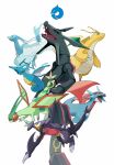  absurdres altaria alternate_color black_sclera claws closed_mouth colored_sclera commentary dragon dragonite eastern_dragon flygon frown garchomp gogot highres kingdra open_mouth pokemon rayquaza salamence sharp_teeth shiny_pokemon simple_background spikes teeth white_background yellow_eyes 