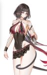  1girl animal_ears bare_shoulders black_hair black_one-piece_swimsuit black_sarong black_thighhighs breasts commentary english_commentary fishnet_sleeves fishnets green_eyes highres jane_doe_(nocturne_of_light)_(zenless_zone_zero) jane_doe_(zenless_zone_zero) large_breasts long_hair looking_at_viewer mouse_ears mouse_girl mouse_tail multicolored_hair official_alternate_costume one-piece_swimsuit red_hair s7nsles sarong simple_background solo swimsuit tail thighhighs two-tone_hair very_long_hair white_background zenless_zone_zero 