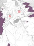  2023 6_horns absurd_res bust_portrait chiayeeee digital_drawing_(artwork) digital_media_(artwork) fangs finger_in_mouth fur gums head_horn hi_res horn horned_humanoid humanoid inner_ear_fluff light_body light_fur looking_at_viewer male multi_horn nude_humanoid nude_male oni_horn open_mouth portrait pupils purple_background red_eyes simple_background slit_pupils solo tail teeth tongue_showing tuft white_sclera 
