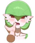  anthro blush bodily_fluids collarbone disembodied_hand drooling duo ear_blush eyebrow_through_hair eyebrows eyelashes face_squish female finger_in_mouth gardevoir generation_3_pokemon green_hair hair hand_on_face hi_res holding_face humanoid mouth_play nintendo open_mouth pokemon pokemon_(species) red_eyes saliva simple_background solo_focus squish tongue translucent translucent_hair video_games white_background white_body yawar 