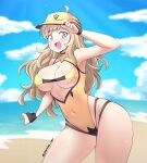  1girl absurdres ahoge alternate_costume beach blonde_hair breasts bridal_gauntlets cleavage covered_navel cowboy_shot fire_emblem fire_emblem_fates grey_eyes hat highleg highleg_swimsuit highres holding holding_clothes holding_hat jarckius large_breasts leaning_forward long_hair looking_at_viewer one-piece_swimsuit open_mouth ophelia_(fire_emblem) smile swimsuit twitter_username underboob visor wide_hips 