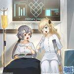  2girls bandage_over_one_eye bandaged_arm bandages bed blonde_hair breasts crutch duel_monster green_eyes grey_hair highres holding holding_crutch hospital hospital_bed hucydin intravenous_drip long_hair multiple_girls official_style red_eyes sky_striker_ace_-_raye sky_striker_ace_-_roze twintails yu-gi-oh! 