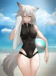  1girl animal_ears arknights ball beach beachball black_one-piece_swimsuit blue_sky blush breasts bulge cloud cloudy_sky covered_nipples cowboy_shot day drying futanari gins grey_hair hair_between_eyes highres holding holding_ball holding_beachball holding_towel long_hair looking_at_viewer medium_breasts no_jacket ocean official_alternate_costume one_eye_closed outdoors paid_reward_available projekt_red_(arknights) projekt_red_(light_breeze)_(arknights) sand sky solo swimsuit tail thighs towel v-shaped_eyebrows water wet wolf_ears wolf_girl wolf_tail yellow_eyes zipper_pull_tab 
