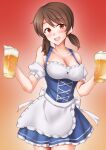  1girl alcohol anti_(untea9) apron barmaid beer beer_mug blue_dress blush breasts brown_eyes brown_hair cleavage collarbone cowboy_shot cup detached_sleeves dirndl dress german_clothes gradient_background highres holding holding_cup kantai_collection looking_at_viewer low_twintails medium_breasts mug oktoberfest open_mouth red_background shirayuki_(kancolle) short_hair short_twintails smile solo twintails underbust waist_apron waitress 