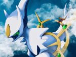  above_clouds arceus charizard cloud commentary_request dragon flame-tipped_tail flying giant gogot highres horns no_humans pokemon pokemon_(creature) spikes 