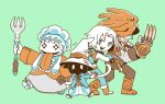  1other 3boys amarant_coral beard bib black_pants blue_coat blue_eyes blue_pants blue_vest blue_wrist_cuffs cat_tail chef_hat chibi chibi_only claw_(weapon) coat commentary_request dagger dreadlocks facial_hair fighting_stance final_fantasy final_fantasy_ix flying_sweatdrops food full_body green_background hair_over_eyes hat holding holding_dagger holding_food holding_knife holding_staff holding_weapon knife multiple_boys omata open_mouth pants parted_bangs quina_quen red_coat red_hair smile staff striped_clothes striped_pants tail tongue tongue_out vest vivi_ornitier weapon white_eyes white_hair wizard_hat wrist_cuffs zidane_tribal 