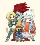  1other 3boys amarant_coral artist_name beard bib black_mage_(final_fantasy) blonde_hair blue_coat blue_eyes blue_pants blue_shirt blue_sky blue_vest blue_wrist_cuffs boots brown_boots cat_tail chef_hat coat colored_skin dated double_v dreadlocks earrings facial_hair final_fantasy final_fantasy_ix full_body gloves green_boots green_gloves hair_over_eyes hat hoop_earrings jewelry male_focus multiple_boys neck_ribbon omata open_mouth pants pink_coat quina_quen red_gloves red_hair ribbon shirt sitting sky smile standing striped_clothes striped_pants sweatdrop tail tongue tongue_out v vest vivi_ornitier white_shirt white_skin wrist_cuffs yellow_eyes zidane_tribal 
