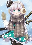  1girl :d black_pantyhose black_ribbon blush brown_gloves brown_scarf commentary_request completion_time cowboy_shot day earmuffs frilled_skirt frills gloves green_eyes green_skirt green_vest hair_ribbon hand_up highres konpaku_youmu long_sleeves looking_at_viewer open_mouth outdoors pantyhose plaid_clothes plaid_scarf ribbon ruu_(tksymkw) scarf sheath shirt short_hair skirt skirt_set smile snowing solo sword touhou vest weapon white_hair white_shirt winter winter_clothes 