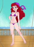  1girl absurdres artist_request bikini blue_eyeshadow captain_syrup curly_hair eyeshadow highres long_hair makeup midriff non-web_source ocean open_mouth pink_lips red_eyes red_hair red_lips smile solo swimsuit wario_land wavy_hair 