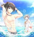  1boy 1girl abs adjusting_hair ball beach beachball bikini_skirt black_hair blue_sky blush bracelet breasts grey_hair jewelry looking_at_another looking_at_viewer male_swimwear mio_(xenoblade) muscle_awe muscular muscular_male noah_(xenoblade) ocean official_alternate_costume open_mouth partially_submerged pectorals ponytail short_hair sky sparkling_eyes swimsuit topless_male ui_frara water wet wet_hair xenoblade_chronicles_(series) xenoblade_chronicles_3 