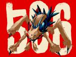  animal_focus black_eyes bug claws commentary_request full_body galvantula gogot highres no_humans pokedex_number pokemon pokemon_(creature) red_background solo spider yellow_fur 