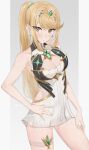  1girl alternate_hairstyle bangs blonde_hair breasts chest_jewel cleavage cleavage_cutout clothing_cutout dress drop_earrings earrings grey_background hand_on_hip highres jewelry large_breasts looking_at_viewer miaxkr mythra_(xenoblade) ponytail short_dress solo swept_bangs thigh_strap tiara white_dress xenoblade_chronicles_(series) xenoblade_chronicles_2 yellow_eyes 