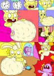 anthro belly belly_expansion big_belly bodily_fluids book buckteeth bunny_slippers caught_in_the_act chair clock comic cross-popping_vein cuddles_(htf) door easter easter_bunny egg expansion furniture hand_on_belly hand_on_own_belly happy_tree_friends hi_res holidays huge_belly hyper hyper_belly long_ears male male_anthro male_oviposition nikko-kai-cutie oviposition purple_body rosy_cheeks scut_tail short_tail sweat tail teeth throwing throwing_object tooth_gap toothy_(htf) unconscious yellow_body