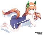  1girl animal_ears aqua_eyes blue_one-piece_swimsuit character_name competition_school_swimsuit ear_covers green_eyes hime_cut horse_ears horse_girl horse_tail kneeling looking_at_viewer orange_hair partially_submerged school_swimsuit shigino_sohuzi silence_suzuka_(umamusume) solo swimsuit tail tracen_swimsuit umamusume water 