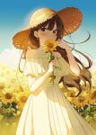  1girl bangs bare_shoulders blue_sky blush brown_eyes brown_hair dress field flower frilled_dress frills hanako151 hand_up hat highres holding holding_flower long_hair off-shoulder_dress off_shoulder original outdoors plant short_sleeves sky solo standing straw_hat sun_hat sunflower white_dress yellow_flower 