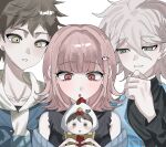  1girl 2boys :d :o bare_shoulders black_shirt black_sweater blunt_bangs blush brown_eyes brown_hair character_doll collarbone danganronpa_(series) danganronpa_2:_goodbye_despair doll grey_hair hair_between_eyes hair_ornament hand_up highres hinata_hajime holding komaeda_nagito medium_hair multiple_boys nanami_chiaki off_shoulder official_alternate_costume pink_eyes shirt short_hair smile sweater tarutaru428 teeth white_background 