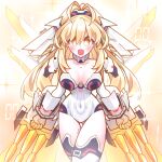  1girl absurdres antenna_hair ass_visible_through_thighs blonde_hair blush breasts choker claw_(weapon) claws clenched_hands collarbone commentary dual_wielding elbow_gloves english_commentary fang gezelle_2045 gloves glowing glowing_claws glowing_lines glowing_weapon hair_between_eyes hair_ornament happy high_ponytail highres holding kami_jigen_game_neptune_v large_breasts leotard long_hair looking_at_viewer neptune_(series) open_mouth orange_eyes ponytail power_symbol power_symbol-shaped_pupils sidelocks smile solo strapless strapless_leotard symbol-shaped_pupils thigh_gap thighhighs vambraces weapon white_choker white_gloves white_leotard white_thighhighs wide_hips yellow_heart_(neptunia) 