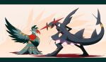  absurdres bird claws closed_mouth commentary_request full_body garchomp highres jcstr mega_garchomp_z mega_pokemon mega_staraptor no_humans open_mouth pokemon pokemon_(creature) pokemon_focus sharp_teeth standing staraptor teeth 