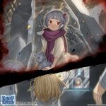  2girls bandaged_arm bandages blonde_hair duel_monster flashback grey_hair highres hospital hucydin long_hair multiple_girls official_style red_eyes scarf sky_striker_ace_-_raye sky_striker_ace_-_roze stuffed_animal stuffed_toy twitter_username yu-gi-oh! 