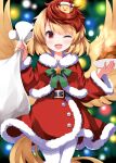  1girl ;d animal_on_head baby_animal belt bird bird_girl bird_on_head bird_tail bird_wings black_belt blonde_hair blurry blurry_background blush bow bowtie chick chicken_(food) christmas commentary_request completion_time cowboy_shot dress food fur-trimmed_dress fur-trimmed_sleeves fur_trim green_bow green_bowtie highres holding holding_plate holding_sack long_sleeves looking_at_viewer multicolored_hair niwatari_kutaka on_head one_eye_closed open_mouth pantyhose plate red_dress red_eyes red_hair ruu_(tksymkw) sack santa_costume santa_dress short_hair smile solo tail touhou two-tone_hair white_pantyhose wide_sleeves wings 
