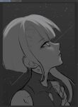  bangs bare_shoulders bodysuit cyberpunk_edgerunners greyscale kurisu-kun looking_up lucy_(cyberpunk_edgerunners) monochrome open_clothes parted_bangs sky star_(sky) starry_sky 