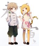  1boy 1girl animal_ears brown_eyes brown_hair captain_yue china_dress chinese_clothes dress female_child fruits_basket full_body looking_at_viewer male_child orange_eyes orange_hair sheep_boy sheep_ears short_hair souma_hiro souma_kisa tail thighhighs tiger_ears tiger_girl tiger_tail white_background 