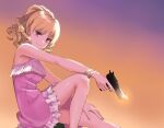  1girl bangs blonde_hair bracelet brown_eyes closed_mouth commentary_request dress feet_out_of_frame frilled_dress frills gokusai_kaibi gradient gradient_background gun hand_on_own_knee handgun highres holding holding_gun holding_weapon jewelry looking_at_viewer medium_hair orange_background pink_dress ponytail purple_background sitting sleeveless sleeveless_dress smile solo toajoa toaru_majutsu_no_index trigger_discipline two-tone_background wavy_hair weapon 