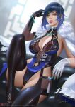  1girl arm_up bangs black_gloves blue_eyes blue_hair boots china_dress chinese_clothes couch dress elbow_gloves fingerless_gloves genshin_impact gloves latex latex_legwear looking_at_viewer nail open_mouth sade_abyss short_hair sitting solo thighhighs window yelan_(genshin_impact) 