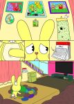 ambiguous_gender appliance bed black_body bunny_slippers calendar comic cuddles_(htf) curtains easter easter_bunny electronics female flat_screen_television fridge furniture grass green_body happy_tree_friends hi_res holidays kitchen_appliance lagomorph leporid male mammal nikko-kai-cutie nintendo nintendo_switch photo picture_frame pink_body plant rabbit railing rosy_cheeks rumbling_stomach scroll shrub string_lights tan_body television wall_scroll white_body yellow_body