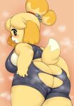  animal_crossing anthro big_breasts big_butt bike_shorts blush bodily_fluids bottomwear bra breasts butt canid canine canis chubby_female clothing domestic_dog female fur isabelle_(animal_crossing) looking_back mammal nintendo overweight overweight_female pururing shih_tzu shorts simple_background slightly_chubby solo sports_bra steam sweat torn_clothing toy_dog underwear video_games yellow_body yellow_fur 