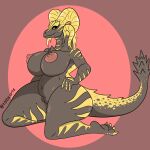 4_toes anthro big_breasts black_body breasts capcom elder_dragon feet female genitals golden_goddess hi_res horn kulve_taroth monster_hunter nipples pink_nipples solo tail thick_thighs tibbs toes vulva
