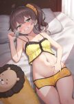  1girl :d ahoge aqua_eyes bare_arms black_ribbon blush breasts brown_hair camisole commentary_request ebi_frion_(natsuiro_matsuri) frilled_camisole frills grin hair_ornament hair_ribbon hair_scrunchie highres hololive indoors kotone_neruneru looking_at_viewer lying medium_hair natsuiro_matsuri natsuiro_matsuri_(matsuri's_day_off) navel official_alternate_costume on_back on_bed ribbon scrunchie short_shorts shorts side_ponytail small_breasts smile solo stomach strap_lift virtual_youtuber yellow_camisole yellow_scrunchie yellow_shorts 