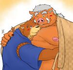  2022 anthro belly big_belly blush brown_body duo embrace hi_res hug jinbei_(clothing) kemono male male/male mammal moobs nipples one_eye_closed overweight overweight_male pochizizi suid suina sus_(pig) ursid wild_boar 