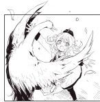  1girl aohashi_ame aviation_magic_band bird blush commentary_request dress falling_feathers feathers garrison_cap gloves hat imminent_hug long_hair looking_at_another luminous_witches moffy_(luminous_witches) monochrome open_mouth simple_background standing swan thighhighs virginia_robertson world_witches_series 