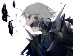  1boy absurdres arknights colored_sclera commentary fangs grey_hair grey_sclera highres male_focus monster_boy no_headwear no_mask open_mouth portrait profile red_eyes scales simple_background solo ulpian_(arknights) white_background woaich 