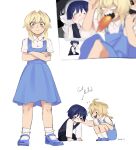  1girl 2boys aether_(genshin_impact) artist_name black_eyes black_hair black_mouth black_vest blank_eyes blonde_hair blue_dress blue_shoes blunt_ends braid breath_weapon breathing_fire closed_mouth collar collared_shirt covering_own_mouth crossed_arms different_zoom_layer dress english_text eyelashes fire flying_sweatdrops genshin_impact hand_on_another's_back hand_on_own_knee hand_over_own_mouth hand_up hands_on_ground highres holding_back long_hair long_sleeves looking_at_another looking_at_viewer looking_down low-braided_long_hair low-tied_long_hair lumine_(genshin_impact) mary_janes multiple_boys open_mouth prostration scaramouche_(genshin_impact) shirt shoes short_hair short_hair_with_long_locks short_sleeves sidelocks smirk socks solid_oval_eyes squatting standing tearing_up teeth undershirt upper_teeth_only vest white_collar white_shirt white_sleeves white_socks wispy_bangs yellow_eyes zac-n 
