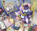 abdl absurd_res andromorph anthro arita_tian azazel_(helltaker) cat_stockings cat_tail clothed clothing diaper disney domestic_cat easter easter_egg felid feline felis feral gravity_falls helltaker hi_res holidays intersex mammal orange_eyes purple_body russian_text text