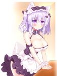  1girl animal_ear_fluff animal_ears apron bangs bare_shoulders black_bow black_bowtie black_dress blush bow bowtie breasts cat_ears cleavage cowboy_shot dress frilled_apron frills hair_between_eyes hair_bow hair_ornament highres large_breasts original parted_lips purple_eyes purple_hair shikito solo star_(symbol) star_hair_ornament two_side_up waist_apron white_apron 