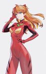  1girl artist_name blue_eyes bodysuit breasts closed_mouth hair_ornament hand_on_own_head highres neon_genesis_evangelion orange_hair pilot_suit plugsuit red_bodysuit simple_background solo souryuu_asuka_langley thighs white_background yxhd5725 