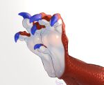  2020 ambiguous_form ambiguous_gender blue_claws claws dated faceless_ambiguous faceless_character famir_(artist) foot_shot hi_res red_body red_scales scales signature simple_background solo white_background white_soles 