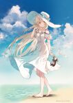  1girl :o bangs bare_legs bare_shoulders barefoot beach blonde_hair blue_ribbon blue_sky bracelet breasts commentary_request day dress feet hanekoto hat hat_ribbon highres holding holding_clothes holding_footwear jewelry long_hair looking_at_viewer medium_breasts ocean original puffy_short_sleeves puffy_sleeves ribbon sandals sandals_removed short_sleeves sky solo spaghetti_strap standing sun_hat sundress sunlight toes twitter_username very_long_hair water white_dress white_headwear yellow_eyes 