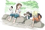  5boys aqua_eyes backpack bag barefoot bird bird_on_hand black_hair blonde_hair blue_eyes blue_shirt chang_wufei denim duo_maxwell green_tank_top gundam gundam_wing heero_yuy jeans kneeling long_hair male_focus multiple_boys namesake odamaki_(260574) outdoors pants ponytail quatre_raberba_winner rock shirt short_hair short_sleeves smile standing tank_top tree trowa_barton water 