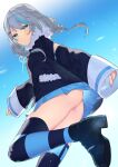  1girl ass blue_eyes braid character_request grey_hair highres itohana long_sleeves low_twin_braids miniskirt no_panties pleated_skirt skirt sleeves_past_wrists solo thighhighs twin_braids virtual_youtuber wide_sleeves 