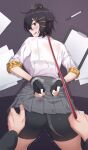  1girl animal_ears arknights arms_behind_back ass ass_grab bike_shorts black_hair blush bra_visible_through_clothes braid brown_eyes cuffed cuffs desk dog_ears dog_tail fingerless_gloves gloves handcuffs highres jackie_(arknights) leash on_desk paper pen plaid plaid_skirt pov pov_hands s-goon shorts shorts_under_skirt skirt tail viewer_holding_leash wavy_mouth 